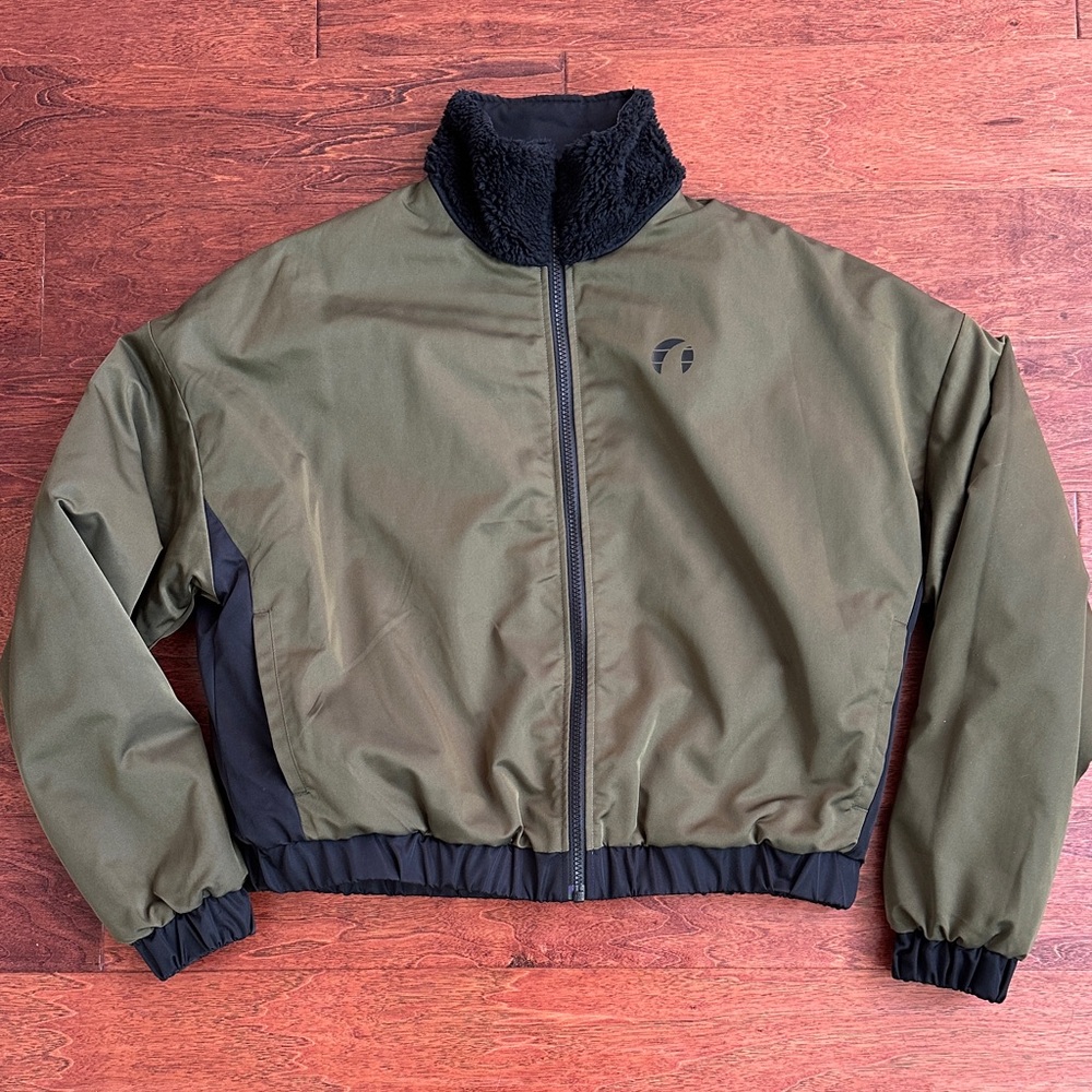 Unworn. Super soft. Reversible. Olive Green Jacket with Black Accents